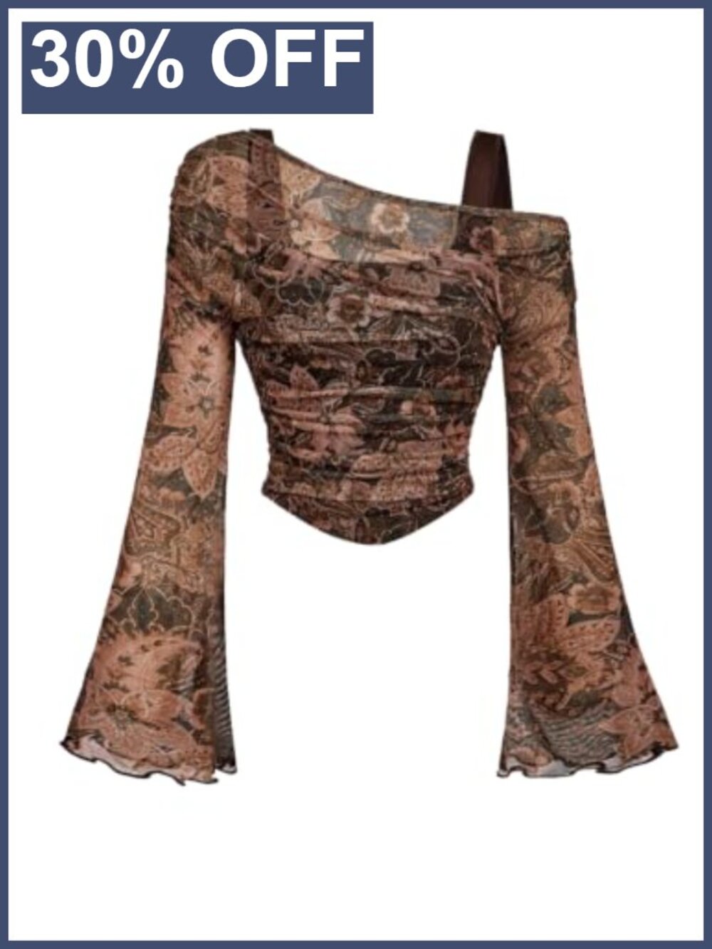 70s Boho Paisley Print Top Flare Sleeve Off Shoulder Women